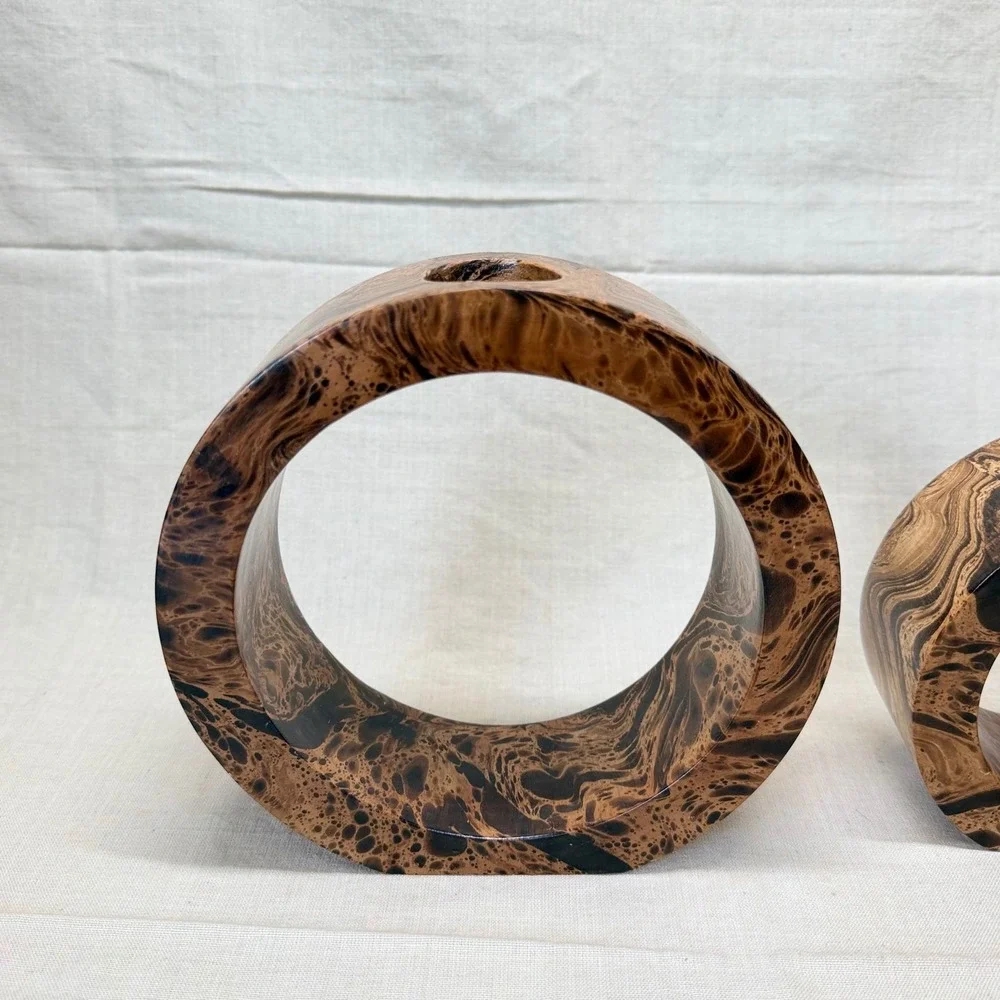 Vintage Postmodern Burl Wood Style Candle Holder Set, 1980s